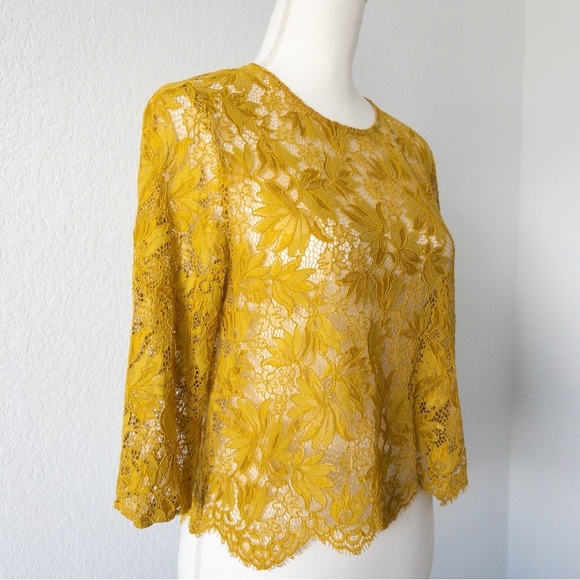 Zara Mustard Yellow Floral Lace Sheer Blouse Size Large - Picture 4 of 10
